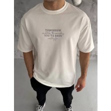 Mrayss  Unisex Bisiklet Yaka Baskılı Oversize T-Shirt - Beyaz
