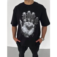 Mrayss  Unisex Bisiklet Yaka Baskılı Oversize T-Shirt - Siyah
