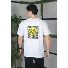 Mrayss  Unisex Bisiklet Yaka Baskılı Oversize T-Shirt - Beyaz