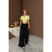 Mrayss  Siyah Paçası Fırfırlı Keten Pantolon