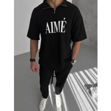 Mrayss  Unisex Yarım Fermuarlı Baskılı T-Shirt - Siyah