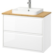 Lavabo Dolabı Kombinasyonu, Parlak Cila Beyaz-Bambu, 82X49X71 Cm, Brogrund Batarya