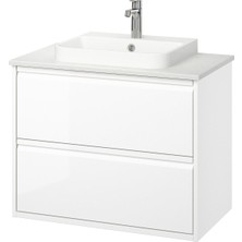Lavabo Dolabı Kombinasyonu, Parlak Cila Beyaz-Beyaz Mermer Görünüm, 82X49X71 Cm, Brogrund Batarya