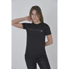 Mrayss  Göğüste Fermuar Aksesuarlı Dar Kalıp T-Shirt - Siyah