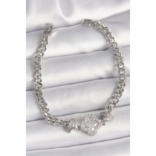 Lux Store Pirinç Gümüş Renk Zirkon Taşlı Yonca Figür Zincir Model Kadın Bileklik