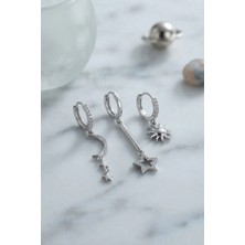 EstoreBox 3 Lü Set Ay Yıldız Güneş Model Gümüş Renk Kadın Küpe
