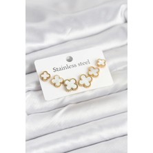 EstoreBox 316L Çelik Gold Beyaz Renk 3 Boy Yonca Küpe Seti