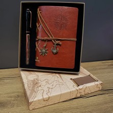 Uravas Store Deri Pusula Tasarımlı Defter ve Metal Kalem Seti