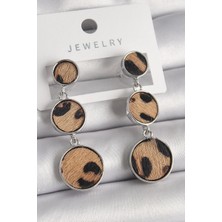 Lux Store Pirinç Gümüş Renk 3'lü Daire Plaka Leopar Desenli Kadın Küpe
