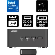 Asus Nuc 15 Pro Tall Intel Core 3-100U 32GB Ram 256GB SSD Freedos RNUC15CRHI300002P316 Mini Masaüstü Bilgisayar + Per4 USB Bellek