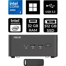 Asus Nuc 15 Pro Tall Intel Core 3-100U 32GB Ram 512GB SSD WIN11 Home RNUC15CRHI300002P367 Mini Masaüstü Bilgisayar + Per4 USB Bellek