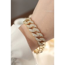Lux Store Vip Seri Pirinç Ortası Zirkon Taşlı Gold Renk Gurmet Bileklik