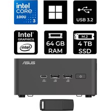 Asus Nuc 15 Pro Tall Intel Core 3-100U 64GB Ram 4tb SSD WIN11 Pro RNUC15CRHI300002P435 Mini Masaüstü Bilgisayar + Per4 USB Bellek