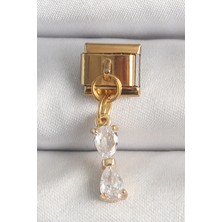 Lux Store 316L Çelik Gold Renk Sallantı Zirkon Taşlı Kurdele Model Nomination Charm