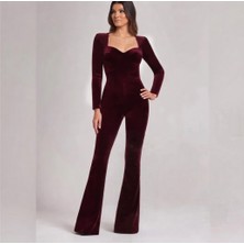 Nake Butik Kare Yaka Uzun Kollu Kadife Ispanyol Paça Tulum