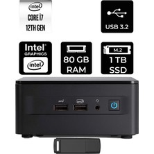 Asus Nuc 12 Pro Tall Intel Core I7-1260P 80GB Ram 1tb SSD Freedos RNUC12WSHI700002IP338 Mini Masaüstü Bilgisayar + Per4 USB Bellek