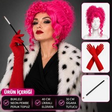 Lux Store Neon Bukleli Pembe Peruk Uzun Kumaş Kırmızı Eldiven Tutucu Seti (3 Parça)