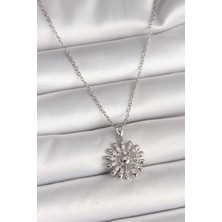 Lux Store 316L Çelik Gümüş Renk Zincir Zirkon Taşlı Güneş Model Kadın Kolye