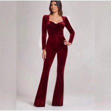 Nake Butik Kare Yaka Uzun Kollu Kadife Ispanyol Paça Tulum