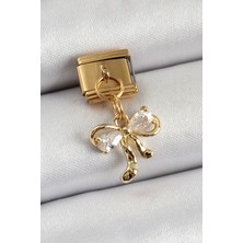 Lux Store 316L Çelik Sallantılı Zirkon Taşlı Fiyonk Model Gold Renk Nomination Charm