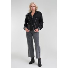 Bold & Young Kadın Viskon Polyester Likralı Kumaş Fermuar Aksesuarlı Kaşkorseli Cepli  Ceket Siyah
