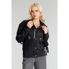 Bold & Young Kadın Viskon Polyester Likralı Kumaş Kuş Gözü Ve Fermuar Aksesuarlı Çıt Çıtlı Cepli  Ceket Siyah