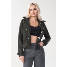Bold & Young Kadın Viskon Polyester Likralı Kumaş Kol Ucu Toka Bantlı Kuş Gözü Aksesuarlı Çıt Çıtlı Cepli  Ceket Haki