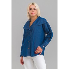 Bold & Young Kadın Pamuklu Denim Kumaş Kol Yırtmaç Düğmeli Büyü Yaka Kot Gömlek İndigo