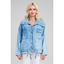 Bold & Young Kadın     Bleach Yıkama Cepli  Büyük Yakalı Düğmeli İnce Lyocell Kumaş Kot Ceket İndigo Açık Mavi