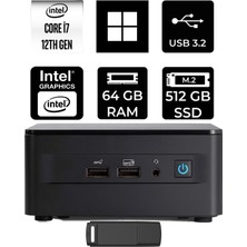 Asus Nuc 12 Pro Tall Intel Core I7-1260P 64GB Ram 512GB SSD WIN11 Pro RNUC12WSHI700002IP432 Mini Masaüstü Bilgisayar + Per4 USB Bellek