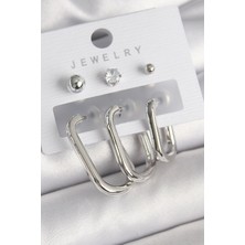 Lux Store Pirinç Gümüş Renk Halka Model Zirkon Taşlı Topçuk Detay Kadın Küpe Seti