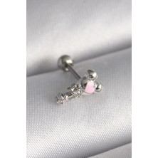Lux Store 316L Çelik Gümüş Renk Zirkon Taş Detay Pembe Işleme Tragus Piercing