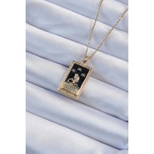 Lux Store 316L Çelik Zincir Altın Renk Zirkon Taşlı Siyah Mineli Kız Figürlü Tarot Kolye