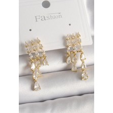 Lux Store Pirinç Gold Renk Zirkon Taşlı Yağmur Model Kadın Küpe