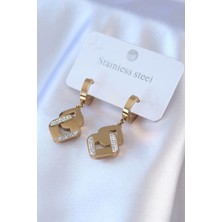 Lux Store 316L Çelik Gold Renk Zirkon Taşlı Kadın Küpe