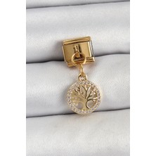 Lux Store 316L Çelik Sallantılı Zirkon Taşlı Hayat Ağacı Model Gold Renk Nomination Charm