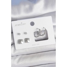 Lux Store Pirinç Gümüş Renk Zirkon Taşlı Burgu Halka Model Kare Detay 3 Çift Kadın Küpe Seti