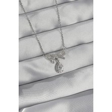 Lux Store 316L Çelik Gümüş Renk Zirkon Taşlı Fiyonk Detay Damla Kolye