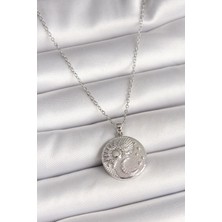 Lux Store 316L Çelik Gümüş Renk Zincir Zirkon Taşlı Ay Güneş Işlemeli Madalyon Model Kadın Kolye