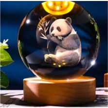 Lux Store Dekoratif Panda Tasarımlı Ahşap Altlıklı Işıklı Cam Küre Büyük Boy Cam:8cm Ahşap:2cm