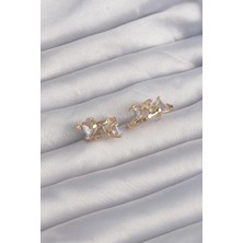 Lux Store Pirinç Gold Renk Iri Zirkon Taşlı Kıvrımlı Kelebekli Halka Küpe