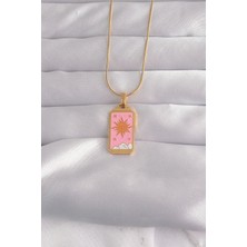Lux Store 316L Çelik Gold Renk Pembe Mineli Güneş Model Tarot Kolye