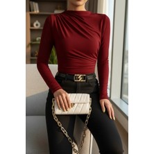 Lux Store Kadın Bordo Belden Boyundan Büzgü Detaylı Uzun Kollu Bluz