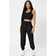 Lux Store Kadın Siyah Kaşkorse Cepli Jogger Eşofman Altı Crop Top Bluz