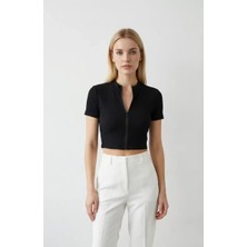 Lux Store Kadın Siyah Yarım Fermuarlı Kısa Kollu Crop Top Bluz