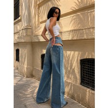 Adam & Eve Fashion Baggy Fermuarlı Kadın Mavi Düşük Bel Fermuar Detaylı Bol Paça Jean Pantolon