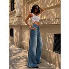 Adam & Eve Fashion Baggy Fermuarlı Kadın Mavi Düşük Bel Fermuar Detaylı Bol Paça Jean Pantolon