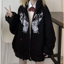 Touz Moda Siyah Fermuarlı Kapşonlu Sweat Shirt Oversize Tasarım ile Günlük Kullanım