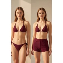 Lux Store Kadın 3'lü Set Bordo Şortlu Yandan Bağlamalı Bikini Mayo Takımı