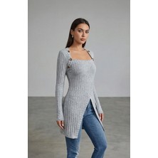 Lux Store Kadın Gri Düğme Detaylı Kare Yaka Fitilli Asimetrik Etekli Uzun Kollu Bluz
